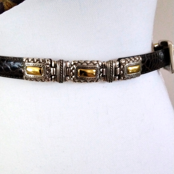 BRIGHTON BROWN LEATHER BELT WOMEN’S M CROC EMBOSSED SILVER/GOLD TONE FITTINGS - Picture 3 of 5
